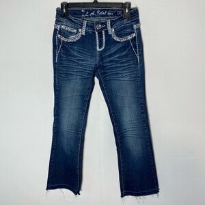 Vintage Y2K L.A. Idol Dark Wash Low Rise Raw Hem Straight Leg Cowgirl Jeans 3